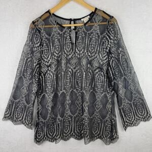 Whimsigoth L Top Sheer Long Sleeve Pullover Black Silver Metallic Dark Romantic